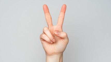 Naklejka premium A hand displaying the victory sign, with two fingers raised in a V shape, clean white background, symbolizing peace, success, and unity