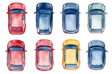 Watercolor Illustration of Colorful Cars from a Bird's Eye View.