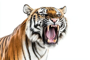 An Asian Bengal tiger looking at the camera is isolated on a clean  background. A hunter is in the forest, part of the wildlife concept I'm creating.