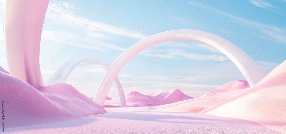 Poster An abstract surreal pastel landscape background with modern architecture and geometric arches, a colorful scene of dunes with blue sky and clouds, and a minimalist decor design.