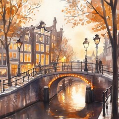 Watercolor Painting of a Romantic Bridge in Amsterdam.