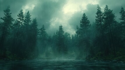 Intense downpour saturating a lush forest under a dramatic thunderstorm sky, vibrant greens contrasting with dark, stormy clouds