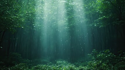 Obraz premium Intense Rainstorm in Lush Forest, torrential downpour, dark clouds, vibrant greenery, thunder rumbling, nature's raw power