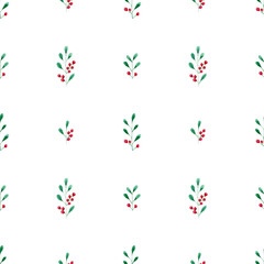 Christmas holly berry background. Seamless watercolor pattern with holly berry branches and leaves illustration for wrapping paper, textile, fabric, holidays wallpaper