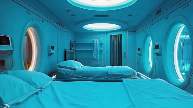 Futuristic medical chamber with advanced hospital equipment. Clinical recovery room with modern automated equipment.