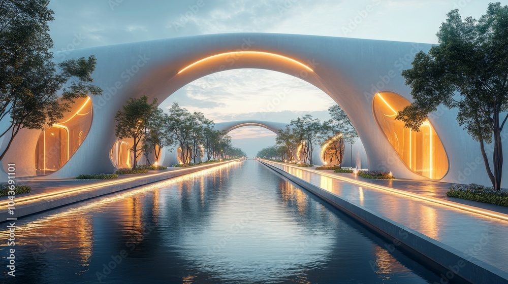 Leinwandbilder an elegantly designed structure with sweeping arches is illuminated, casting reflections on a serene