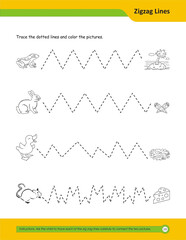 Obraz premium Prewriting skills, line practice sheet for kindergarten, Handwriting practice for kids. Fine motor skills. Line tracing worksheet. Activity page for kids. Coloring page for preschool.