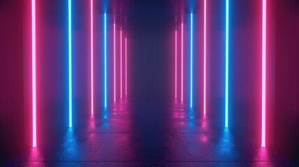 Fototapeta premium Vibrant Aurora Fusion, an immersive 3D abstract display featuring glowing plasma and radiant pink-blue vertical rays, inspired by the captivating beauty of the aurora borealis.