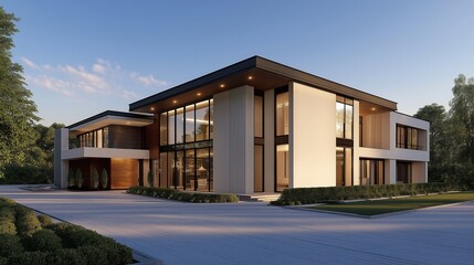 Obraz premium A stylish minimalist house nestled in a serene natural setting.