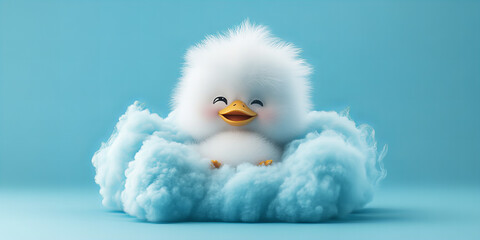 Banner depicting a small, fluffy duckling sitting on a woolly cloud with a serene blue backdrop for enchantment
