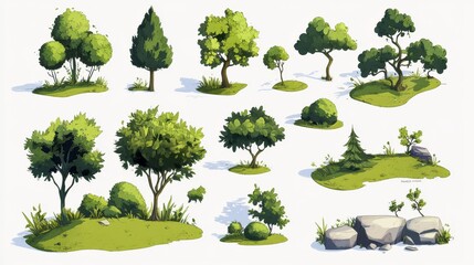 An illustration for a cartoon or game. A set of trees and shrubs on a white background