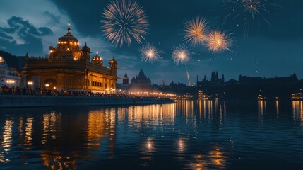 Fototapeta premium Tranquil Riverside Temple Illuminated for Sacred Diwali Night