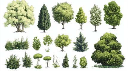 Fototapeta premium An illustration for a cartoon or game. A set of trees and shrubs on a white background