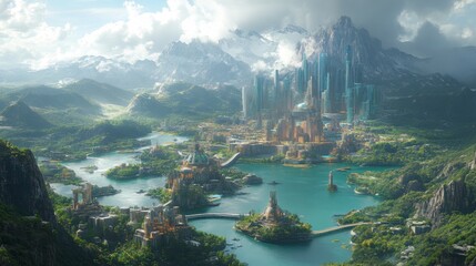 Fototapeta premium A thriving futuristic city blends seamlessly with nature, featuring towering skyscrapers beside tranquil lakes, surrounded by majestic mountains and lush forests.