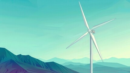 Wind Energy Innovation, a vivid flat design illustration showcasing a close-up of a wind turbine, emphasizing sustainable power sources and environmental consciousness.
