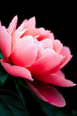 Fototapeta premium A close-up view of a beautiful pink peony flower with droplets of water on its petals, showcasing the delicate textures and vibrant colors against a dark background.