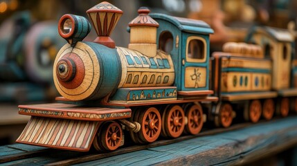 A colorful wooden toy train with intricate details, including a chimney, wheels, and a bell, sits on a rustic wooden surface.