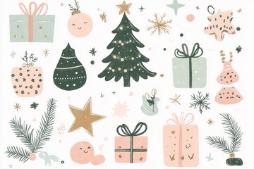 Stylish Hand-drawn Christmas Elements Clip Art Set with Cute Doodle Shapes in Pastel Pink, Green, and Beige on White Background
