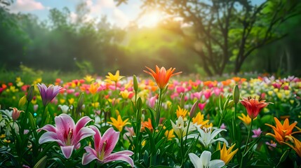 Obraz premium A vibrant flower field basking in sunlight, showcasing a variety of colorful blooms.