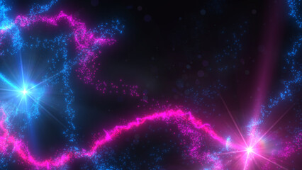 Blue and Pink Wavy Light Lines Crossing Turbulence Particles and Lens Flares, Widescreen 4K Resolution