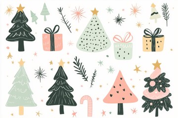 Stylish Clip Art Set with Cute Hand-drawn Christmas Trees, Presents, and Stars in Pastel Tones on White Background for Greeting Cards and Stationery Design