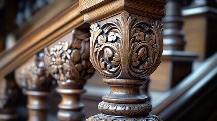 Close-up of intricately carved wooden newel post on a staircase.