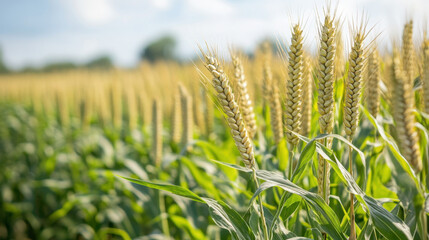 Golden wheat stalks sway gently in lush green field under bright sky, symbolizing abundance and growth. serene landscape invites sense of peace and connection to nature
