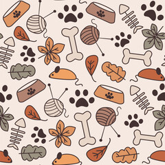 cute hand drawn seamless vector pattern background illustration for autumn season with foliage, fish bones, pet bowls, bones, yarn balls, mouse toy and brown paw prints