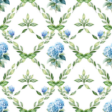 Seamless pattern with watercolor blue hydrangea and leaves