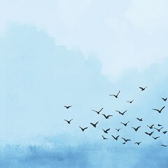 Fototapeta premium Abstract Watercolor Background with Silhouettes of Birds Flying in the Sky.