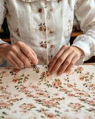 Hands crafting with floral fabric pattern