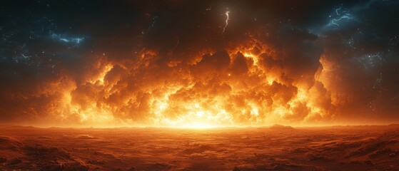 Obraz premium Desert Storm Fury, dramatic lightning illuminates a vast desert expanse, ominous clouds gather, nature's raw power on display