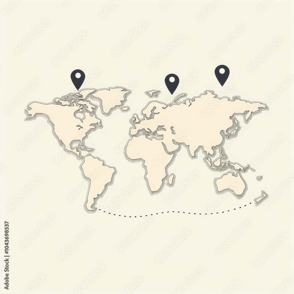 Poster This simple world map outline features pins marking significant travel destinations, perfect for planning future trips and adventures. Generative AI