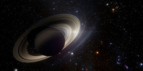 Jupiter in space with bright star behind it illuminating its rings. 