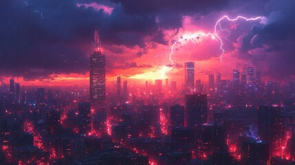 Fototapeta premium Dynamic urban storm, city skyline under dark clouds, vivid lightning illuminating modern architecture, intense weather contrast