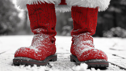 red boot in snow. Happy New Year. Festive design. Holiday postcard. Xmas. Merry Christmas.