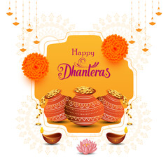 Dhanteras greeting card with terracotta pots filled with gold coins Pots arranged in front of decorative frame Happy Dhanteras within frame Hanging diyas and lotus flowers add festive touch
