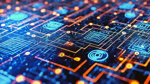  vibrant, abstract representation of a circuit board with glowing connections and patterns.