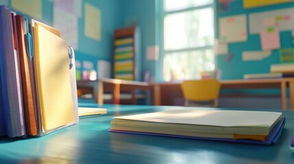 A bright office space with folders and stationery on a desk, suggesting organization and productivity.