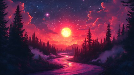 A magical, vibrant sunset over a river winding through a forest, with a full moon and glittering stars in the sky.