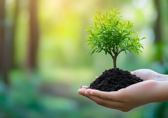 Hand holding a small tree with soil on a blurred green background, concept of growth and environmental protection or world environment day, stock photo contest winner.