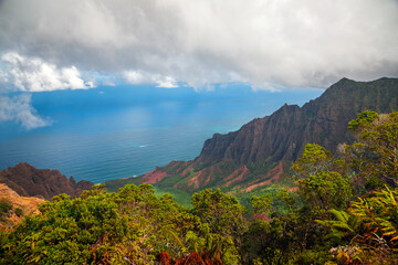 Kalalau lookout above the Napali coast cliffs on Kauai island, Hawaii