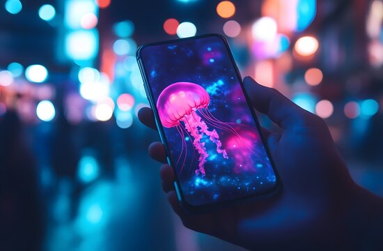 Hand holding an iPhone with digital wallpaper on the screen, close-up view of the phone and hand in the foreground, blurred background showing city lights at night,