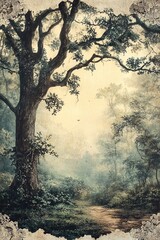 Majestic oak tree surrounded by ethereal fog in a lush forest landscape nature's serenity captured in art