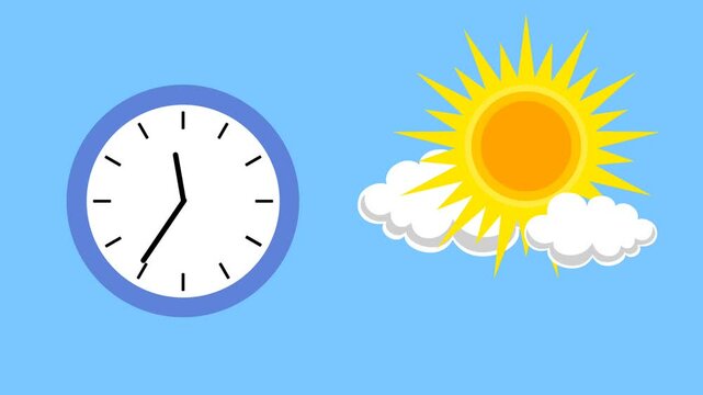circle clock running while the change of time with sun and moon animation. revolution day turn to night and loop. flat cartoon design illustration. Isolated on blue background