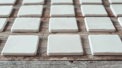 Square tiles arranged on a wooden surface