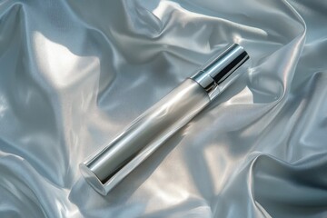 Top view beauty cosmetic tube white, silver color. Flowers, silk mockup template