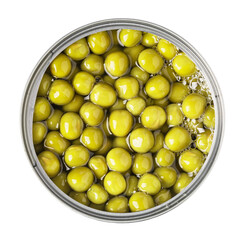 Tin can with peas on white background