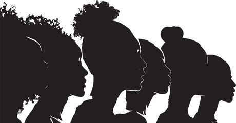 Silhouettes of women in profile, showcasing diversity and individuality through hairstyles and postures.  
