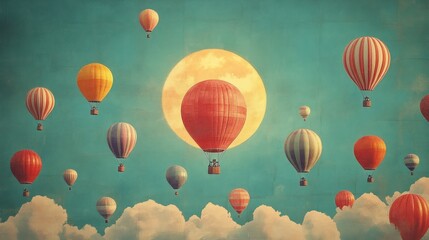 Obraz premium A surreal and whimsical scene with hot air balloons floating in a cloudy sky, with a large moon in the background.
